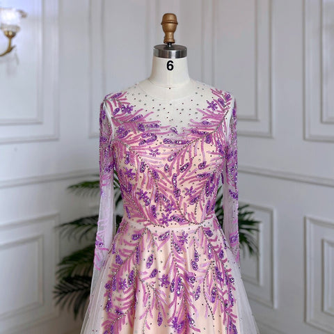 Muslim Lilac A Line O Neck Beaded Dubai Luxury Long Evening Dresses Gowns 2025 For Women Wedding Party LA71958