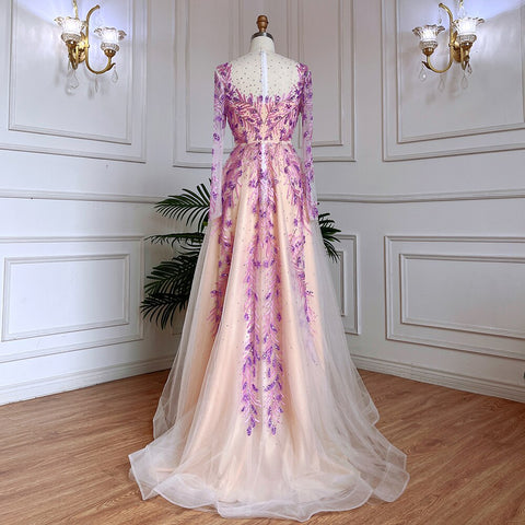 Muslim Lilac A Line O Neck Beaded Dubai Luxury Long Evening Dresses Gowns 2025 For Women Wedding Party LA71958