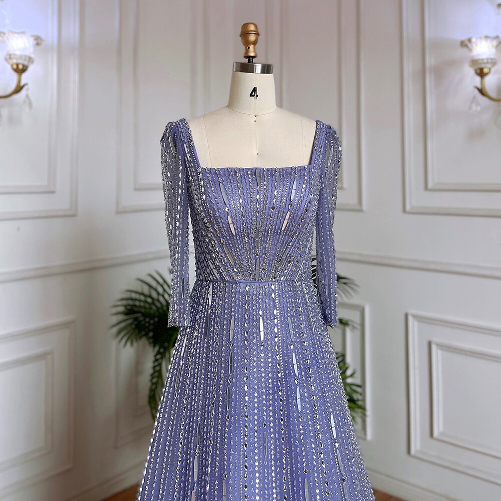 Muslim Lilac A Line Square Collar Beaded Luxury Dubai Evening Dresses Gowns For Women Wedding Party 2025 LA71985