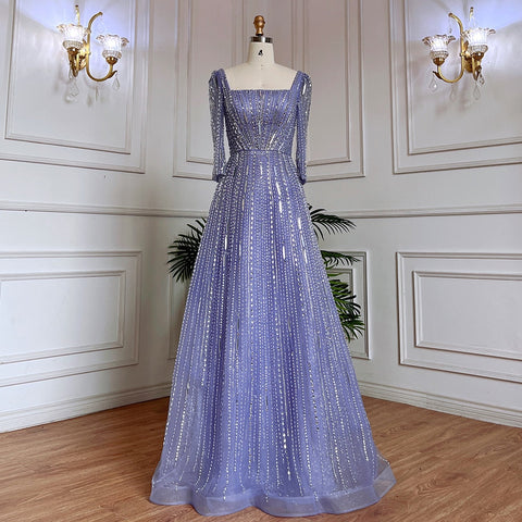 Muslim Lilac A Line Square Collar Beaded Luxury Dubai Evening Dresses Gowns For Women Wedding Party 2025 LA71985