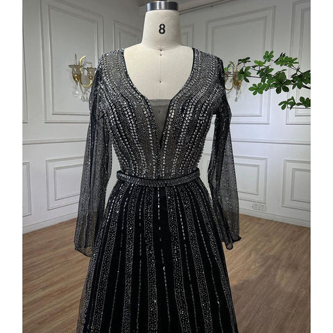 Muslim Luxury Beaded Balck A Line Midi Arabic Evening Dresses Gowns 2025 Formal Woman Wedding Party LA72113