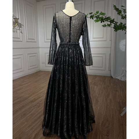Muslim Luxury Beaded Balck A Line Midi Arabic Evening Dresses Gowns 2025 Formal Woman Wedding Party LA72113