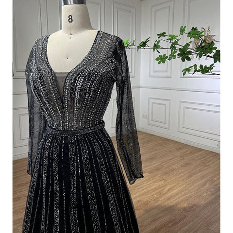 Muslim Luxury Beaded Balck A Line Midi Arabic Evening Dresses Gowns 2025 Formal Woman Wedding Party LA72113