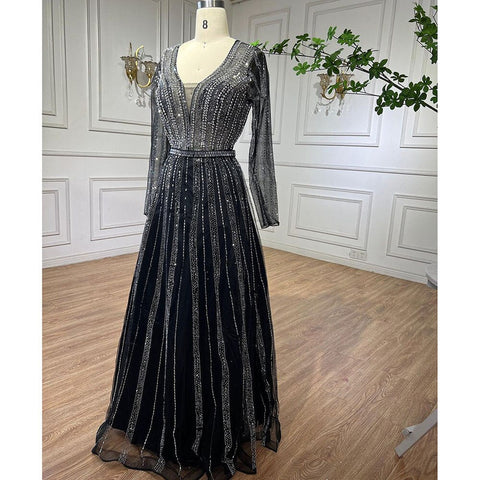 Muslim Luxury Beaded Balck A Line Midi Arabic Evening Dresses Gowns 2025 Formal Woman Wedding Party LA72113