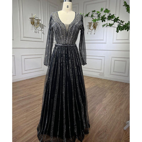 Muslim Luxury Beaded Balck A Line Midi Arabic Evening Dresses Gowns 2025 Formal Woman Wedding Party LA72113