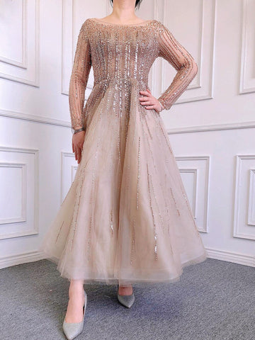 Muslim Luxury Beaded Caramel A-Line Midi  Ankle-Length Evening Dresses Gowns 2025 Formal Woman Wedding Party LA71111