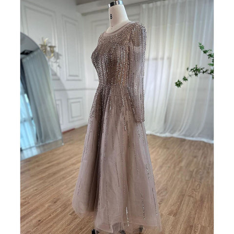 Muslim Luxury Beaded Caramel A-Line Midi  Ankle-Length Evening Dresses Gowns 2025 Formal Woman Wedding Party LA71111