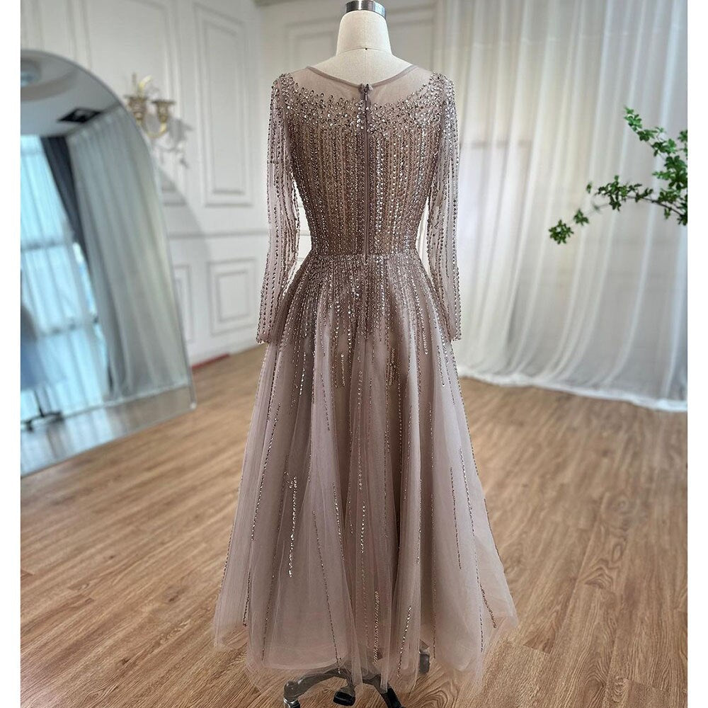 Muslim Luxury Beaded Caramel A-Line Midi  Ankle-Length Evening Dresses Gowns 2025 Formal Woman Wedding Party LA71111