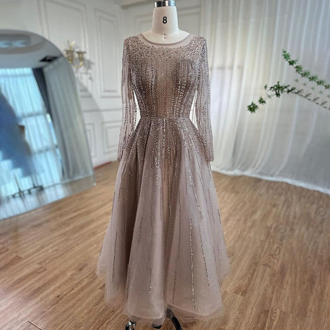 Muslim Luxury Beaded Caramel A-Line Midi  Ankle-Length Evening Dresses Gowns 2025 Formal Woman Wedding Party LA71111