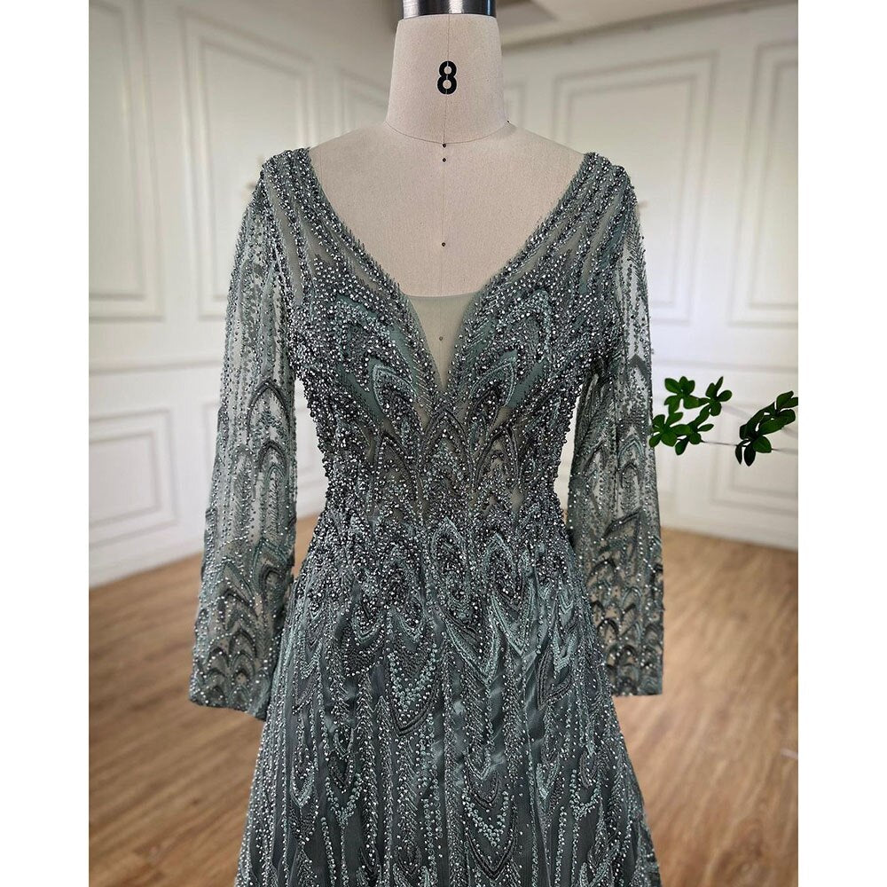 Muslim Luxury Beaded Turquoise A Line Midi  Evening Dresses Gowns 2025 Formal Woman Wedding Party LA72122