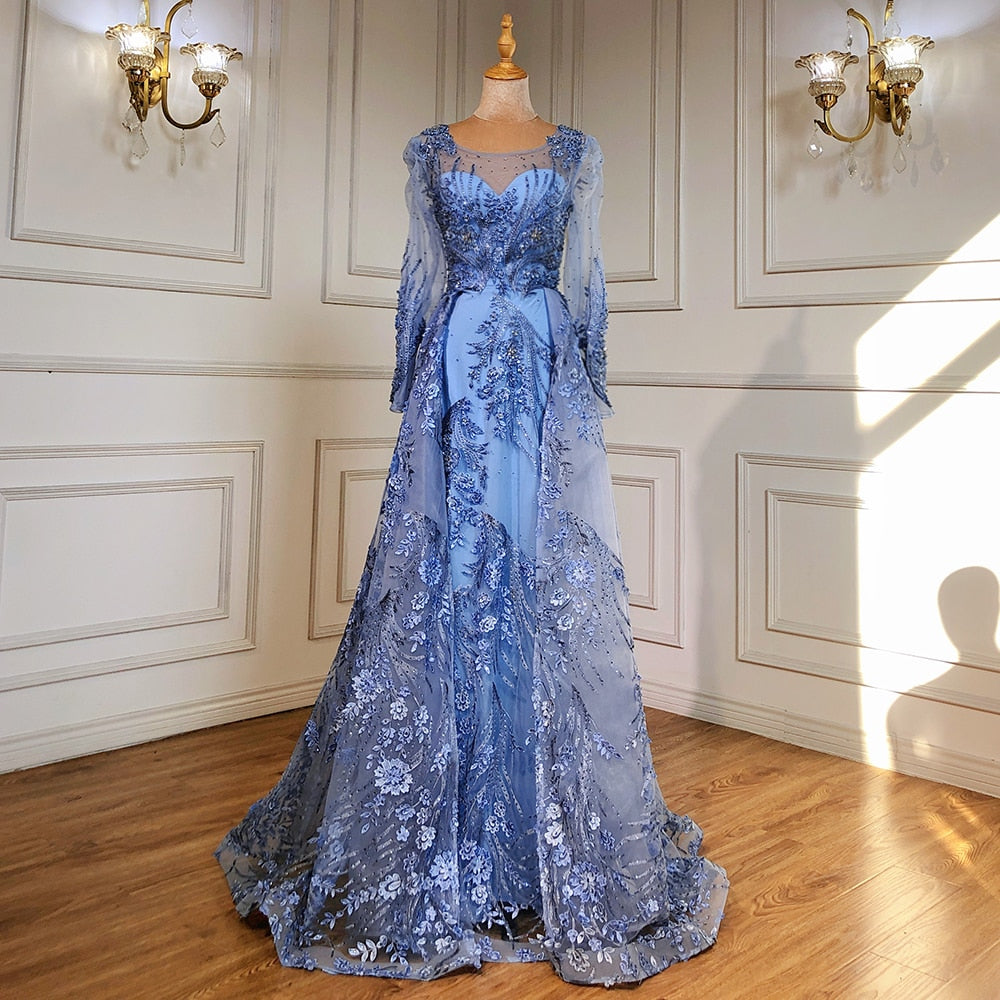 Muslim Luxury Blue Evening Dresses Gowns 2025 Beaded Mermaid Overskirt For Woman Party  LA71460