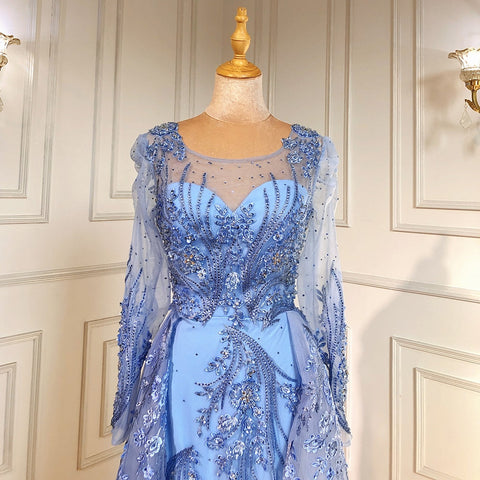 Muslim Luxury Blue Evening Dresses Gowns 2025 Beaded Mermaid Overskirt For Woman Party  LA71460