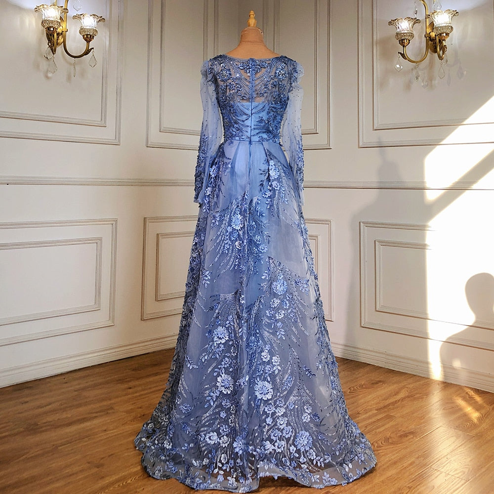 Muslim Luxury Blue Evening Dresses Gowns 2025 Beaded Mermaid Overskirt For Woman Party  LA71460