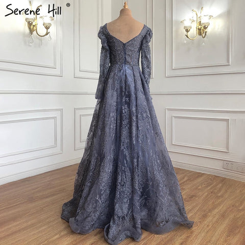 Muslim Luxury Blue Evening Dresses Gowns A-Line Beaded Lace 2025 For Women Party LA71312