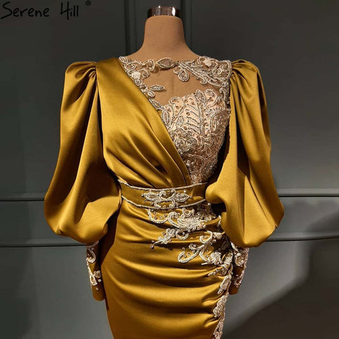 Muslim Luxury Gold Beaded Evening Dresses Gowns 2025 Satin Mermaid Elegant For Women Party LA71409
