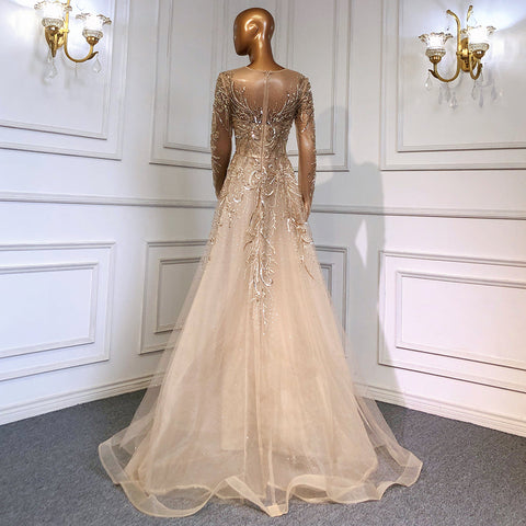 Muslim Luxury Gold Evening Dresses Gowns 2025 Beaded Sparkle A-Line For Women Party  LA71605