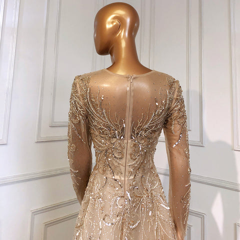 Muslim Luxury Gold Evening Dresses Gowns 2025 Beaded Sparkle A-Line For Women Party  LA71605