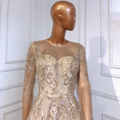 Muslim Luxury Gold Evening Dresses Gowns 2025 Beaded Sparkle A-Line For Women Party  LA71605