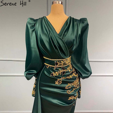 Muslim Luxury Green Satin Evening Dresses Gowns 2025 Mermaid Elegant Beaded For Women Party LA71365
