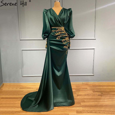 Muslim Luxury Green Satin Evening Dresses Gowns 2025 Mermaid Elegant Beaded For Women Party LA71365