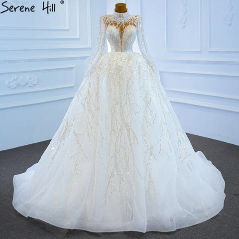 Muslim Luxury Ivory Wedding Dresses Gowns 2025 Crystal Beading Sexy Bride Dress HM67226 Custom Made