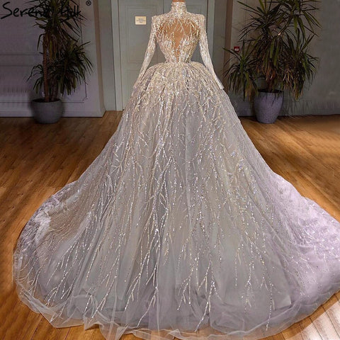 Muslim Luxury Ivory Wedding Dresses Gowns 2025 Crystal Beading Sexy Bride Dress HM67226 Custom Made