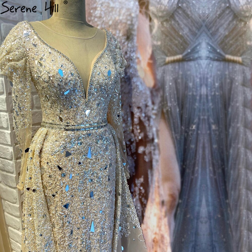 Muslim Luxury Nude Silver Evening Dresses Gowns 2025 Overskirt Beaded Mermaid Elegant For Woman Party LA71351