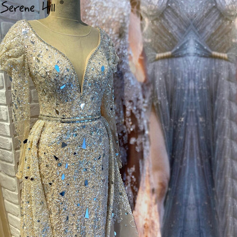 Muslim Luxury Nude Silver Evening Dresses Gowns 2025 Overskirt Beaded Mermaid Elegant For Woman Party LA71351