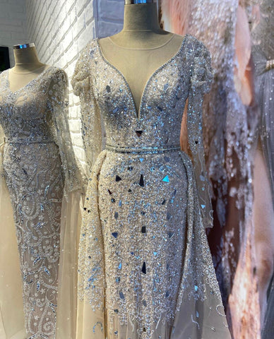 Muslim Luxury Nude Silver Evening Dresses Gowns 2025 Overskirt Beaded Mermaid Elegant For Woman Party LA71351