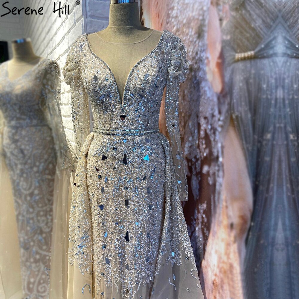 Muslim Luxury Nude Silver Evening Dresses Gowns 2025 Overskirt Beaded Mermaid Elegant For Woman Party LA71351