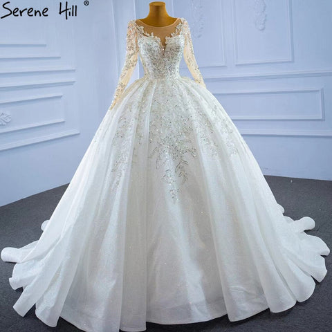 Muslim Luxury Wedding Dresses 2025 Beading Pearls Sexy With Train Bridal Dress HM67257 Custom Made