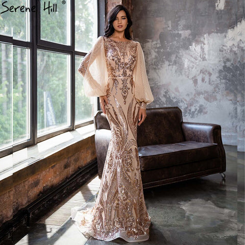 Muslim Mermaid Gold Evening Dresses Gowns 2025 Sparkle Luxury Elegant For Women Party LA70953