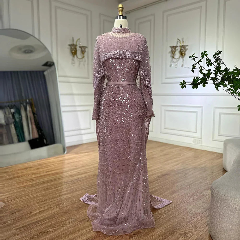 Muslim Mermaid Long Cape Evening Dresses Pearls Beaded Gowns For Formal Occasion 2025 LA72032MP