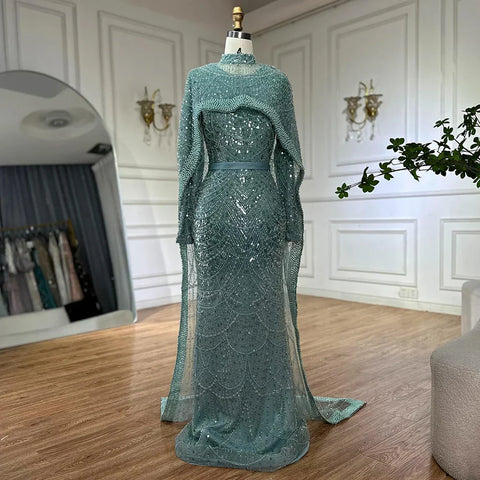 Muslim Mermaid Long Cape Evening Dresses Pearls Beaded Gowns For Formal Occasion 2025 LA72032MP