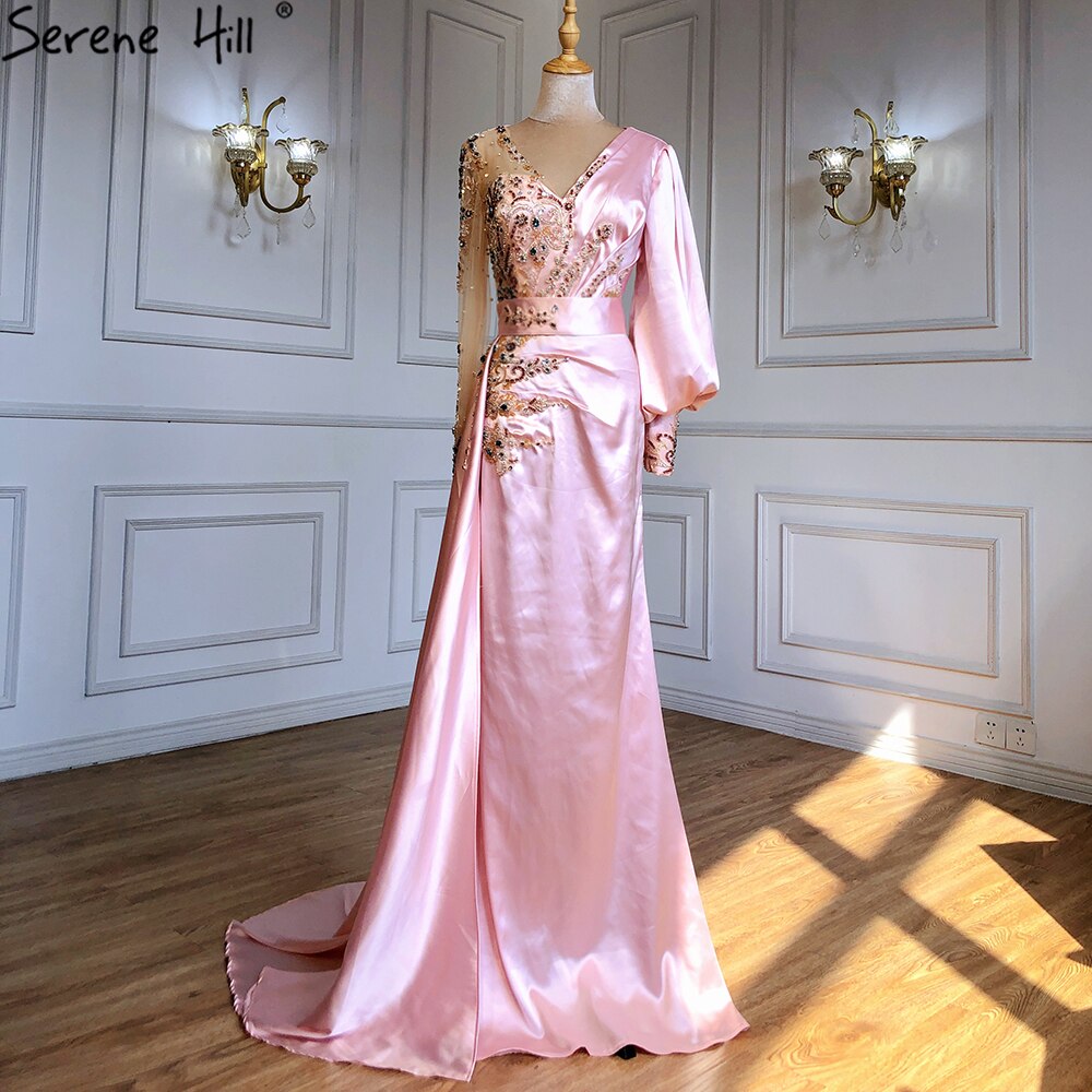Muslim Mermaid Peach Satin  Elegant Beaded V Neck With Skirt   Evening Dresses Gowns 2025 For Women Party LA71344