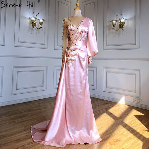 Muslim Mermaid Peach Satin  Elegant Beaded V Neck With Skirt   Evening Dresses Gowns 2025 For Women Party LA71344