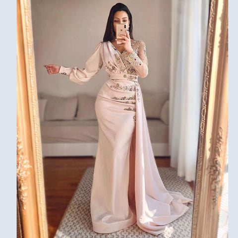 Muslim Mermaid Peach Satin  Elegant Beaded V Neck With Skirt   Evening Dresses Gowns 2025 For Women Party LA71344