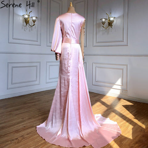 Muslim Mermaid Peach Satin  Elegant Beaded V Neck With Skirt   Evening Dresses Gowns 2025 For Women Party LA71344