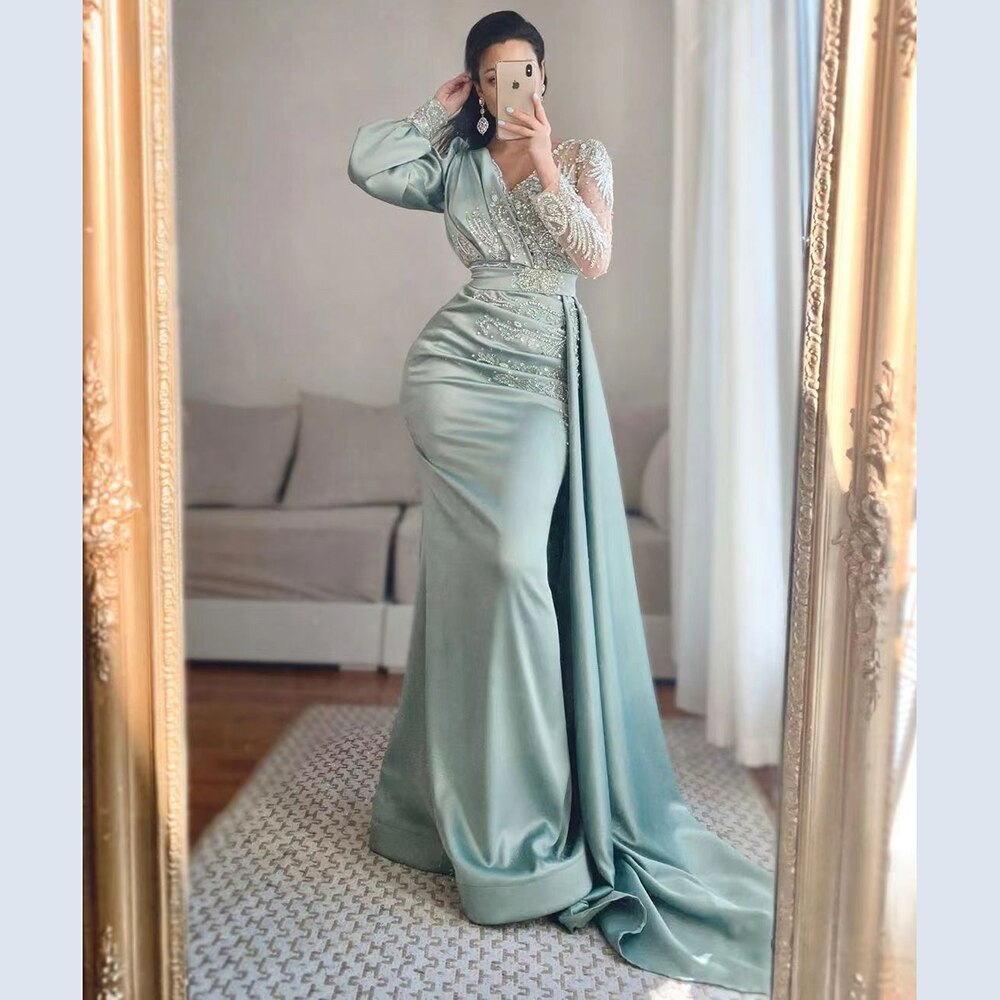 Muslim Mermaid Peach Satin  Elegant Beaded V Neck With Skirt   Evening Dresses Gowns 2025 For Women Party LA71344