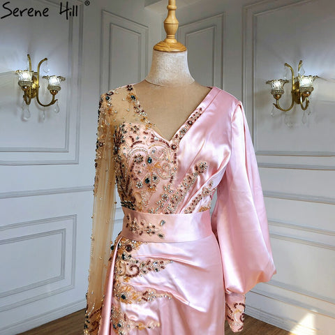 Muslim Mermaid Peach Satin  Elegant Beaded V Neck With Skirt   Evening Dresses Gowns 2025 For Women Party LA71344