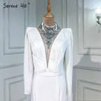 Muslim Mermaid Satin Evening Dresseses Gowns 2025 White Elegant Beaded For Women Party LA6430
