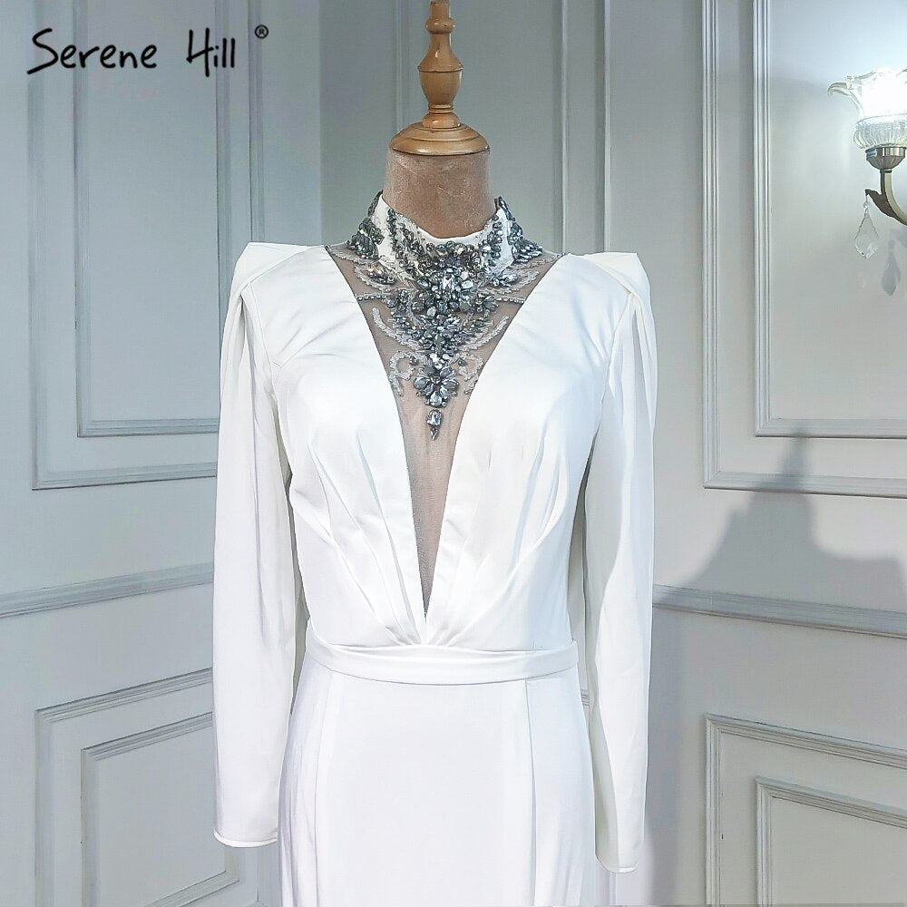 Muslim Mermaid Satin Evening Dresseses Gowns 2025 White Elegant Beaded For Women Party LA6430