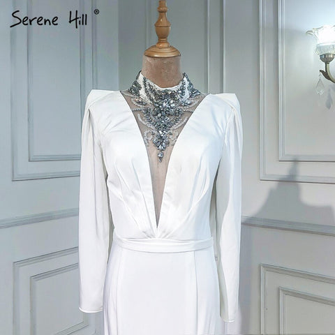 Muslim Mermaid Satin Evening Dresseses Gowns 2025 White Elegant Beaded For Women Party LA6430