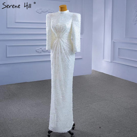 Muslim Mermaid White Evening Dresses Gowns 2025 Luxury Elegant Beaded For Women Party HM67335