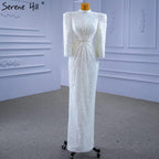 Muslim Mermaid White Evening Dresses Gowns 2025 Luxury Elegant Beaded For Women Party HM67335