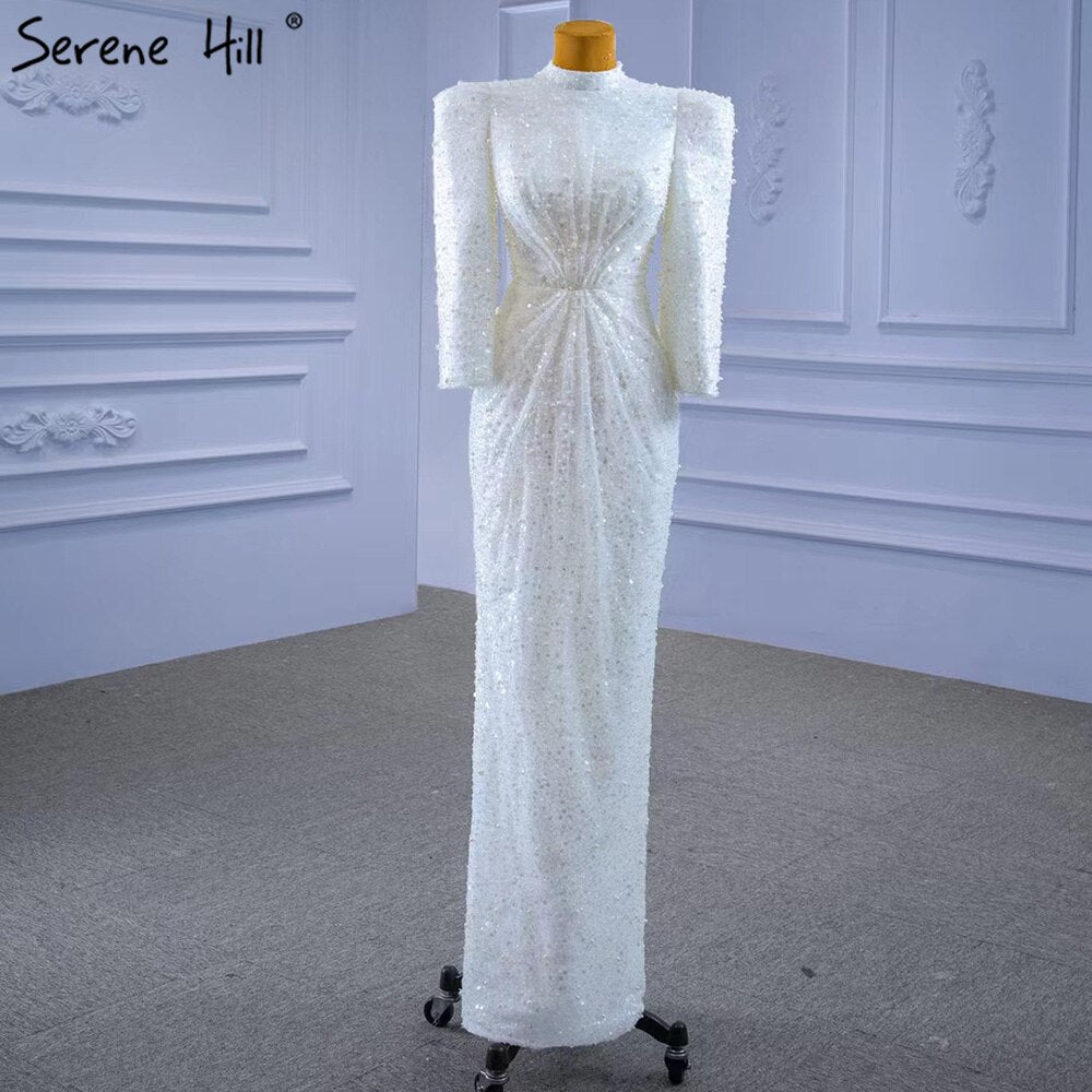 Muslim Mermaid White Evening Dresses Gowns 2025 Luxury Elegant Beaded For Women Party HM67335