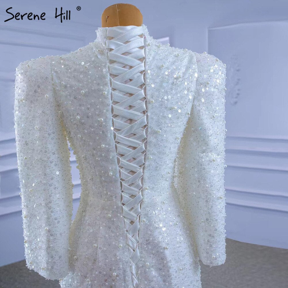 Muslim Mermaid White Evening Dresses Gowns 2025 Luxury Elegant Beaded For Women Party HM67335