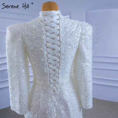 Muslim Mermaid White Evening Dresses Gowns 2025 Luxury Elegant Beaded For Women Party HM67335