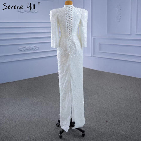 Muslim Mermaid White Evening Dresses Gowns 2025 Luxury Elegant Beaded For Women Party HM67335