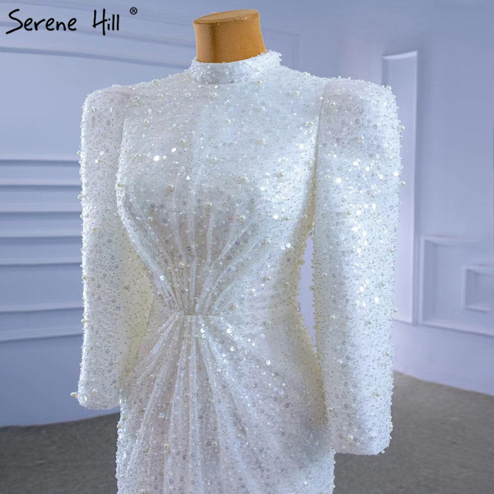 Muslim Mermaid White Evening Dresses Gowns 2025 Luxury Elegant Beaded For Women Party HM67335